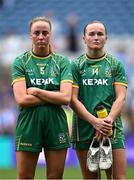 3 August 2025; Meath players Aoibhín Cleary, left, and Vikki Wall after their side's defeat in the TG4 All-Ireland Ladies Football Senior Championship final match between Dublin and Meath at Croke Park in Dublin. Photo by Seb Daly/Sportsfile