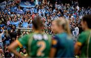 3 August 2025; Meath players, including Áine Sheridan, 2, and Marion Farrelly, 9, look on as Dublin players lifts the cup after the TG4 All-Ireland Ladies Football Senior Championship final match between Dublin and Meath at Croke Park in Dublin. Photo by Shauna Clinton/Sportsfile