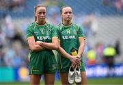 3 August 2025; Meath players Aoibhín Cleary, left, and Vikki Wall after their side's defeat in the TG4 All-Ireland Ladies Football Senior Championship final match between Dublin and Meath at Croke Park in Dublin. Photo by Seb Daly/Sportsfile