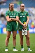 3 August 2025; Meath players Aoibhín Cleary, left, and Vikki Wall after their side's defeat in the TG4 All-Ireland Ladies Football Senior Championship final match between Dublin and Meath at Croke Park in Dublin. Photo by Seb Daly/Sportsfile