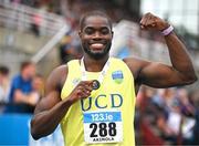 3 August 2025; Bori Akinola of UCD AC, Dublin, centre, after winning the senior men's 100m final during day two of the 153rd 123.ie National Track & Field Senior Championships at Morton Stadium in Dublin. Photo by Sam Barnes/Sportsfile