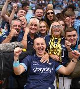3 August 2025; Dublin goalkeeper Abby Shiels celebrates with supporters after the TG4 All-Ireland Ladies Football Senior Championship final match between Dublin and Meath at Croke Park in Dublin. Photo by Piaras Ó Mídheach/Sportsfile