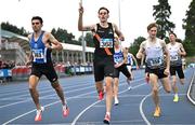 3 August 2025; Cathal Doyle of Clonliffe Harriers AC, Dublin, centre, celebrates after winning the senior men's 1500m, ahead of Andrew Coscoran of Star of the Sea AC, Meath, left, and Nick Griggs of CNDR Track AC, right, during day two of the 153rd 123.ie National Track & Field Senior Championships at Morton Stadium in Dublin. Photo by Sam Barnes/Sportsfile