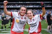 3 August 2025; Laois players Chloe McCaffrey, left, and Gráinne McKenna celebrate after the TG4 All-Ireland Ladies Football Intermediate Championship final match between Laois and Tyrone at Croke Park in Dublin. Photo by Shauna Clinton/Sportsfile