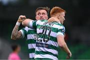 3 August 2025; Rory Gaffney of Shamrock Rovers celebrates with team-mate Danny Grant, left, after scoring their side's first goal during the SSE Airtricity Men's Premier Division match between Shamrock Rovers and Derry City at Tallaght Stadium in Dublin.  Photo by Stephen McCarthy/Sportsfile