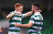 3 August 2025; Rory Gaffney of Shamrock Rovers celebrates with team-mate Josh Honohan, right, after scoring their side's first goal during the SSE Airtricity Men's Premier Division match between Shamrock Rovers and Derry City at Tallaght Stadium in Dublin.  Photo by Stephen McCarthy/Sportsfile