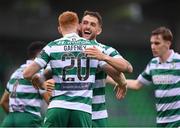3 August 2025; Rory Gaffney of Shamrock Rovers celebrates with team-mate Lee Grace, right, after scoring their side's first goal during the SSE Airtricity Men's Premier Division match between Shamrock Rovers and Derry City at Tallaght Stadium in Dublin.  Photo by Stephen McCarthy/Sportsfile