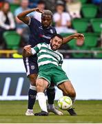 3 August 2025; Roberto Lopes of Shamrock Rovers in action against Dipo Akinyemi of Derry City during the SSE Airtricity Men's Premier Division match between Shamrock Rovers and Derry City at Tallaght Stadium in Dublin.  Photo by Ben McShane/Sportsfile