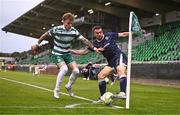 3 August 2025; Michael Duffy of Derry City in action against Danny Grant of Shamrock Rovers during the SSE Airtricity Men's Premier Division match between Shamrock Rovers and Derry City at Tallaght Stadium in Dublin.  Photo by Ben McShane/Sportsfile