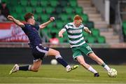 3 August 2025; Rory Gaffney of Shamrock Rovers shoots to score his side's second goal despite the attention of Alex Bannon of Derry City during the SSE Airtricity Men's Premier Division match between Shamrock Rovers and Derry City at Tallaght Stadium in Dublin.  Photo by Stephen McCarthy/Sportsfile