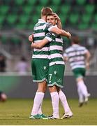 3 August 2025; Daniel Cleary, left, and Dylan Watts of Shamrock Rovers celebrate their side's second goal, scored by teammate Rory Gaffney, not pictured, during the SSE Airtricity Men's Premier Division match between Shamrock Rovers and Derry City at Tallaght Stadium in Dublin.  Photo by Ben McShane/Sportsfile