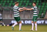 3 August 2025; Daniel Cleary, left, and Dylan Watts of Shamrock Rovers celebrate their side's second goal, scored by teammate Rory Gaffney, not pictured, during the SSE Airtricity Men's Premier Division match between Shamrock Rovers and Derry City at Tallaght Stadium in Dublin.  Photo by Ben McShane/Sportsfile