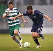 3 August 2025; Brandon Fleming of Derry City in action against Dylan Watts of Shamrock Rovers during the SSE Airtricity Men's Premier Division match between Shamrock Rovers and Derry City at Tallaght Stadium in Dublin.  Photo by Ben McShane/Sportsfile