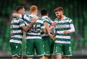 3 August 2025; Rory Gaffney of Shamrock Rovers, second from left, celebrates after scoring his side's second goal with team-mates, from left, Lee Grace, Roberto Lopes and Connor Malley, right, during the SSE Airtricity Men's Premier Division match between Shamrock Rovers and Derry City at Tallaght Stadium in Dublin.  Photo by Stephen McCarthy/Sportsfile
