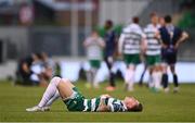 3 August 2025; Danny Grant of Shamrock Rovers reacts after sustaining an injury during the SSE Airtricity Men's Premier Division match between Shamrock Rovers and Derry City at Tallaght Stadium in Dublin.  Photo by Ben McShane/Sportsfile