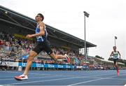 3 August 2025; Andrew Coscoran of Star of the Sea AC, Meath, left, crosses the line to win the senior men's 5000m during day two of the 153rd 123.ie National Track & Field Senior Championships at Morton Stadium in Dublin. Photo by Sam Barnes/Sportsfile