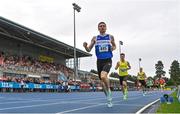 3 August 2025; Mark English of Finn Valley AC, Donegal, crosses the line to win the senior men's 800m during day two of the 153rd 123.ie National Track & Field Senior Championships at Morton Stadium in Dublin. Photo by Sam Barnes/Sportsfile
