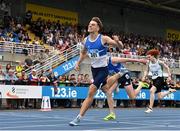 3 August 2025; Adam Nolan of St Laurence O'Toole AC, Carlow, left, celebrates, winning the senior men's 110m hurdles final during day two of the 153rd 123.ie National Track & Field Senior Championships at Morton Stadium in Dublin. Photo by Sam Barnes/Sportsfile