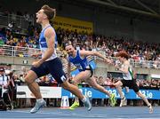 3 August 2025; Adam Nolan of St Laurence O'Toole AC, Carlow, left, celebrates, winning the senior men's 110m hurdles final during day two of the 153rd 123.ie National Track & Field Senior Championships at Morton Stadium in Dublin. Photo by Sam Barnes/Sportsfile