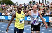 3 August 2025; Bori Akinola of UCD AC, Dublin, left, is congratulated by Lorcan Murphy of Dundrum South Dublin AC, right, after winning the senior men's 100m final during day two of the 153rd 123.ie National Track & Field Senior Championships at Morton Stadium in Dublin. Photo by Sam Barnes/Sportsfile
