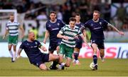 3 August 2025; Matt Healy of Shamrock Rovers is tackled by Mark Connolly of Derry City during the SSE Airtricity Men's Premier Division match between Shamrock Rovers and Derry City at Tallaght Stadium in Dublin.  Photo by Stephen McCarthy/Sportsfile