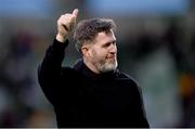 3 August 2025; Shamrock Rovers manager Stephen Bradley celebrates after the SSE Airtricity Men's Premier Division match between Shamrock Rovers and Derry City at Tallaght Stadium in Dublin.  Photo by Stephen McCarthy/Sportsfile