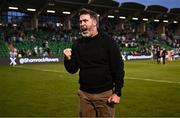 3 August 2025; Shamrock Rovers manager Stephen Bradley celebrates after the SSE Airtricity Men's Premier Division match between Shamrock Rovers and Derry City at Tallaght Stadium in Dublin.  Photo by Ben McShane/Sportsfile