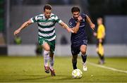 3 August 2025; Brandon Fleming of Derry City in action against Adam Matthews of Shamrock Rovers during the SSE Airtricity Men's Premier Division match between Shamrock Rovers and Derry City at Tallaght Stadium in Dublin.  Photo by Ben McShane/Sportsfile