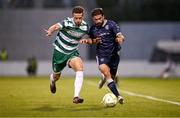 3 August 2025; Brandon Fleming of Derry City in action against Adam Matthews of Shamrock Rovers during the SSE Airtricity Men's Premier Division match between Shamrock Rovers and Derry City at Tallaght Stadium in Dublin.  Photo by Ben McShane/Sportsfile