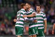 3 August 2025; Lee Grace, right, and Connor Malley of Shamrock Rovers celebrate after the SSE Airtricity Men's Premier Division match between Shamrock Rovers and Derry City at Tallaght Stadium in Dublin.  Photo by Ben McShane/Sportsfile