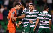 3 August 2025; Roberto Lopes of Shamrock Rovers celebrates with teammates, including goalkeeper Ed McGinty, after their victory in the SSE Airtricity Men's Premier Division match between Shamrock Rovers and Derry City at Tallaght Stadium in Dublin.  Photo by Ben McShane/Sportsfile