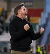 3 August 2025; Shamrock Rovers manager Stephen Bradley celebrates after the SSE Airtricity Men's Premier Division match between Shamrock Rovers and Derry City at Tallaght Stadium in Dublin.  Photo by Stephen McCarthy/Sportsfile