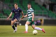 3 August 2025; Josh Honohan of Shamrock Rovers in action against Ben Doherty of Derry City during the SSE Airtricity Men's Premier Division match between Shamrock Rovers and Derry City at Tallaght Stadium in Dublin.  Photo by Stephen McCarthy/Sportsfile