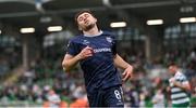 3 August 2025; Adam O'Reilly of Derry City reacts to a missed opportunity on goal during the SSE Airtricity Men's Premier Division match between Shamrock Rovers and Derry City at Tallaght Stadium in Dublin.  Photo by Stephen McCarthy/Sportsfile