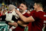2 August 2025; Jack Conan of British & Irish Lions with his daughter Remi and teammate Dan Sheehan after the third test match between Australia and the British & Irish Lions at Accor Stadium in Sydney, Australia. Photo by Brendan Moran/Sportsfile