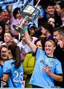 3 August 2025; Orlagh Nolan of Dublin lifts the Brendan Martin cup after her side's victory in the TG4 All-Ireland Ladies Football Senior Championship final match between Dublin and Meath at Croke Park in Dublin. Photo by Seb Daly/Sportsfile