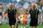 3 August 2025; Stand by referee Brendan Rice, right, and fourth official Jonathan Murphy during the TG4 All-Ireland Ladies Football Senior Championship final match between Dublin and Meath at Croke Park in Dublin. Photo by Seb Daly/Sportsfile