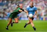 3 August 2025; Orlagh Nolan of Dublin in action against Megan Thynne of Meath during the TG4 All-Ireland Ladies Football Senior Championship final match between Dublin and Meath at Croke Park in Dublin. Photo by Seb Daly/Sportsfile