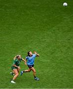 3 August 2025; Leah Caffrey of Dublin in action against Vikki Wall of Meath during the TG4 All-Ireland Ladies Football Senior Championship final match between Dublin and Meath at Croke Park in Dublin. Photo by Seb Daly/Sportsfile