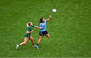 3 August 2025; Leah Caffrey of Dublin in action against Vikki Wall of Meath during the TG4 All-Ireland Ladies Football Senior Championship final match between Dublin and Meath at Croke Park in Dublin. Photo by Seb Daly/Sportsfile