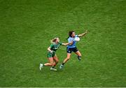 3 August 2025; Leah Caffrey of Dublin in action against Vikki Wall of Meath during the TG4 All-Ireland Ladies Football Senior Championship final match between Dublin and Meath at Croke Park in Dublin. Photo by Seb Daly/Sportsfile