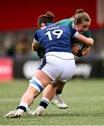2 August 2025; Enya Breen of Ireland is tackled by Adelle Ferrie of Scotland during the Women's Rugby World Cup warm-up match between Ireland and Scotland at Virgin Media Park in Cork. Photo by Shauna Clinton/Sportsfile