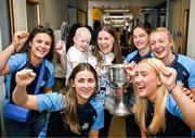 4 August 2025; TG4 All-Ireland Ladies Senior Football Champions Dublin pictured with the Brendan Martin Cup and Saoirse Fearon, aged 4, from Kells, Meath, and her mother Laura Fearon, during a visit by the players to Children's Health Ireland at Crumlin, Dublin. Photo by Sam Barnes/Sportsfile