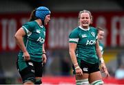 2 August 2025; Fiona Tuite of Ireland, left, and team-mate Brittany Hogan during the Women's Rugby World Cup warm-up match between Ireland and Scotland at Virgin Media Park in Cork. Photo by Shauna Clinton/Sportsfile