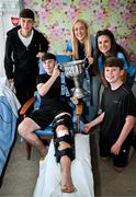 4 August 2025; TG4 All-Ireland Ladies Senior Football Champions and Dublin footballers Jodi Egan and Kate Sullivan pictured the Brendan Martin Cup and Liam Kearns, Jeff Carey and Adam Corrigan during a visit by the players to Children's Health Ireland at Crumlin, Dublin. Photo by Sam Barnes/Sportsfile