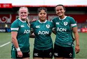 2 August 2025; Ireland debutants Ailish Quinn, Ivana Kiripati and Nancy McGillivray after their side's victory in the Women's Rugby World Cup warm-up match between Ireland and Scotland at Virgin Media Park in Cork. Photo by Shauna Clinton/Sportsfile