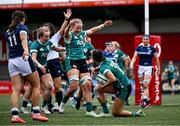 2 August 2025; Ireland debutant Nancy McGillivray is congratulated by team-mates, including Fiona Tuite, after scoring her side's third try during the Women's Rugby World Cup warm-up match between Ireland and Scotland at Virgin Media Park in Cork. Photo by Shauna Clinton/Sportsfile