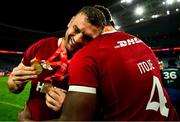 2 August 2025; Player of the Series Tadhg Beirne of British & Irish Lions, is congratulated by captain Maro Itoje, after the third test match between Australia and the British & Irish Lions at Accor Stadium in Sydney, Australia. Photo by Brendan Moran/Sportsfile