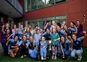 4 August 2025; TG4 All-Ireland Ladies Senior Football Champions Dublin pictured with the Brendan Martin Cup and hospital patients and staff during a visit by the players to Children's Health Ireland at Crumlin, Dublin. Photo by Sam Barnes/Sportsfile