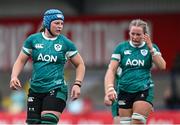 2 August 2025; Brittany Hogan of Ireland, left, and team-mates during the Women's Rugby World Cup warm-up match between Ireland and Scotland at Virgin Media Park in Cork. Photo by Shauna Clinton/Sportsfile
